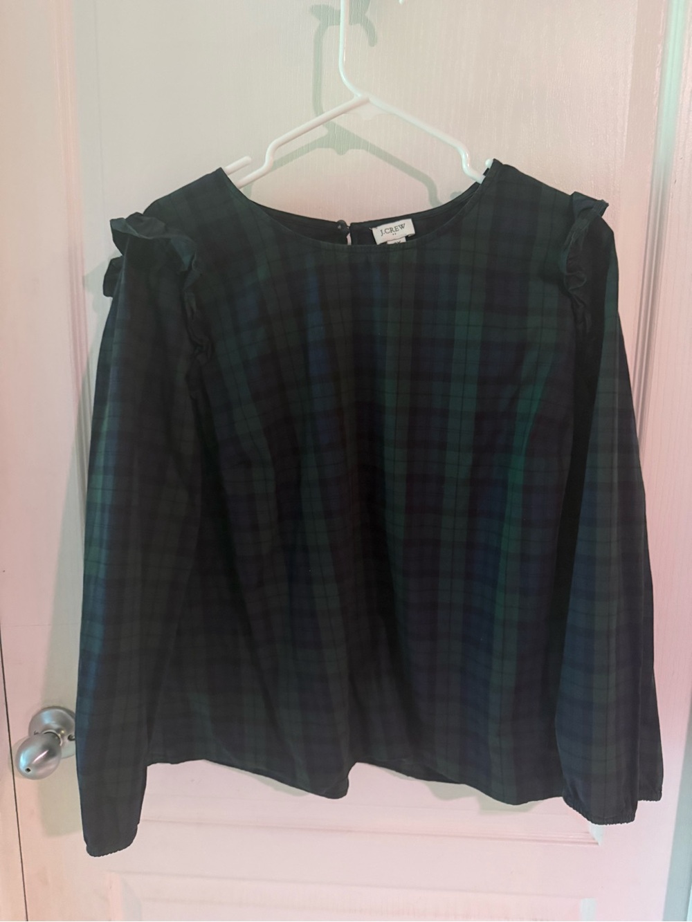 J. Crew Blackwatch Plaid Long-Sleeve Ruffle-Shoulder Top - Black & Green